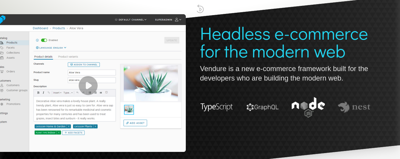 Vendure - A modern, headless GraphQL-based e-commerce framework built with TypeScript & Nodejs